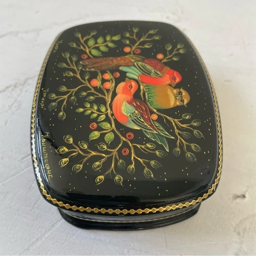 Russian lacquer box Birds, Palekh Black and Red Bird Trinket Box Jewelry Case